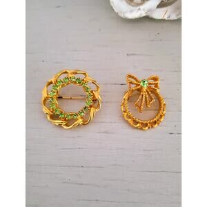 Vintage Gold-tone Light Green Rhinestone Brooch Lot of 2